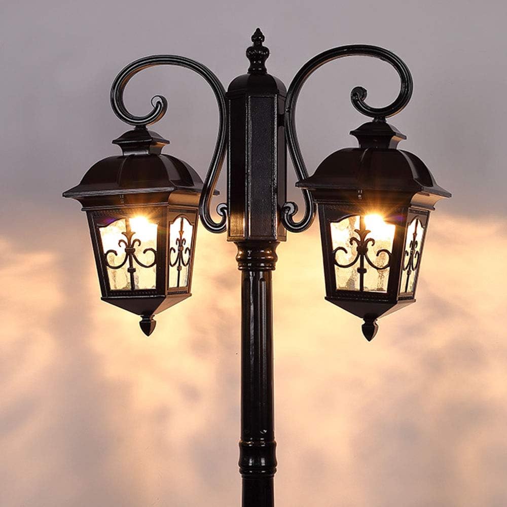 Schwarz Straßenlaterne 2-Flammig Wegeleuchten Aluguss und Glas Kandelaber Hoflampe Garten-Laterne Vintage E27 Außenleuchte 230CM Rasen-Lampe