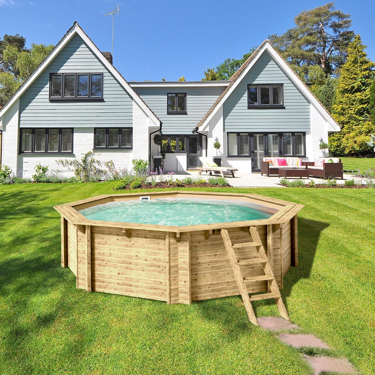 Paradies Pool® Holzpool Kalea Einzelbecken, Edelstahlleiter Tiefbecken, Folie Sand mit 0,8mm Stärke, Achteck-Pool, 354 x 118 (Ø x H), Menge: 1 Stück