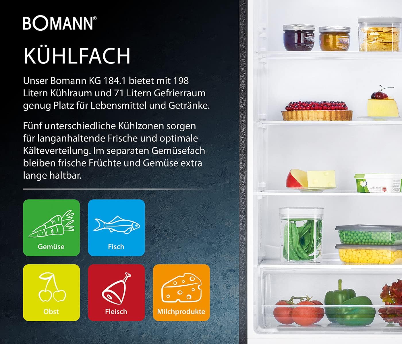 Bomann Kühlschrank mit Gefrierfach | Energieklasse D | 180cm | Kühl Gefrierkombination leise 39 dB | 4 Ablagen & 3 Schubladen | Türanschlag wechselbar | 269L Kühlgefrierkombi | KG 184.2 inox