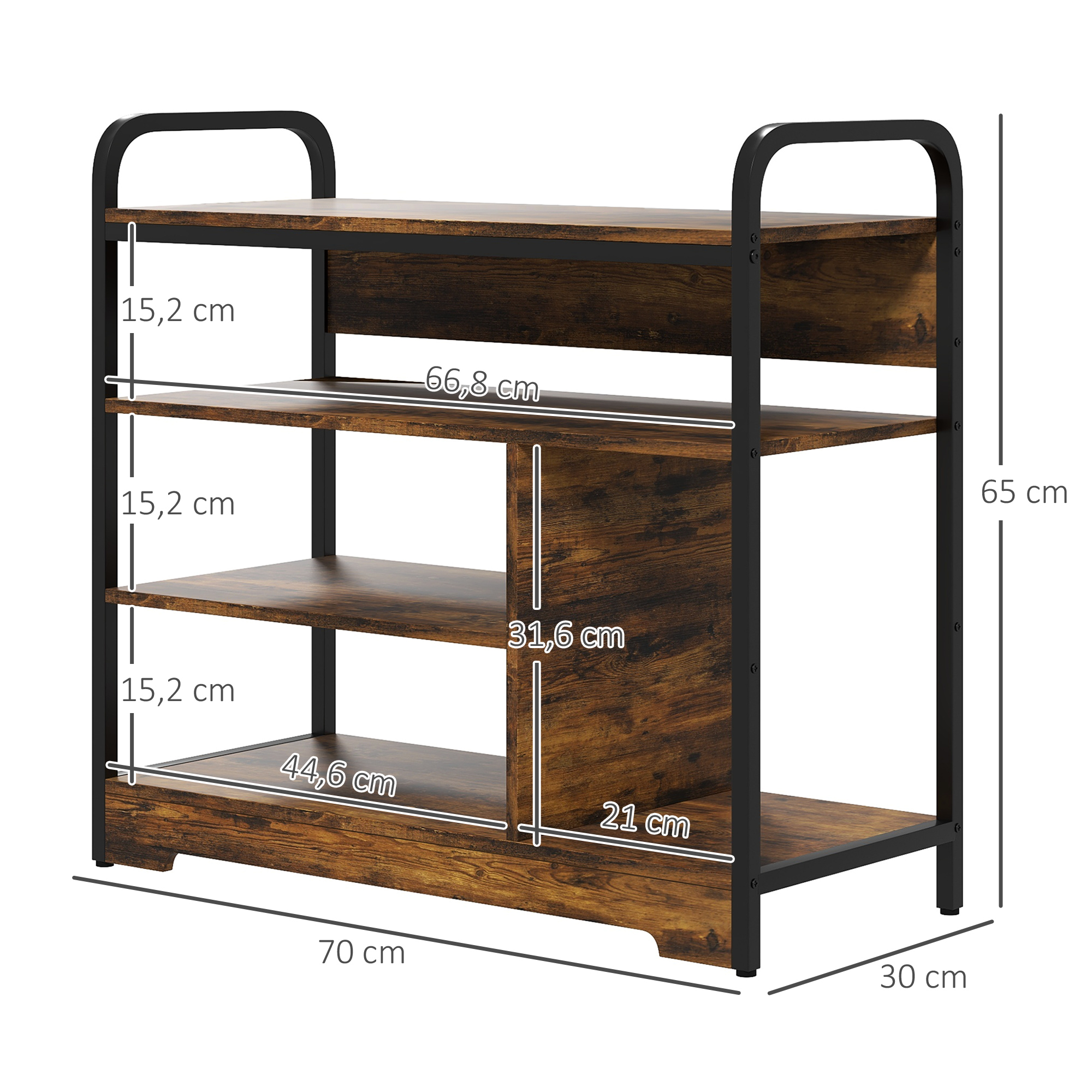 Schoenenrek 4-Laags, Open Ontwerp, Metalen Frame, Verstelbare Voetjes, 70x30x65 cm, Bruin/Zwart
