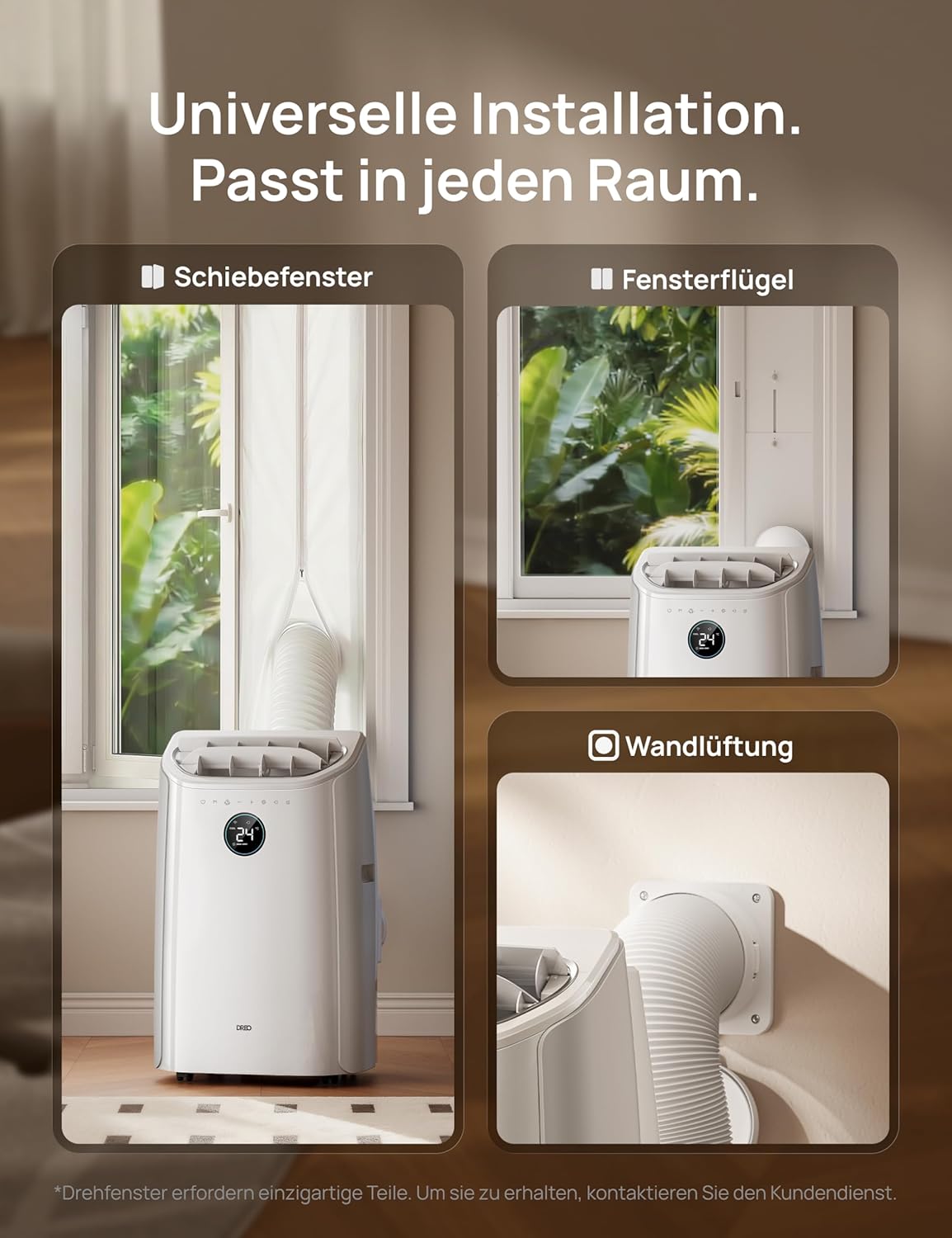 DREO 12000 BTU Mobiles Klimagerät (3-in-1 Kühlen/Ventilieren/Entfeuchten), leise für Schlafzimmer/Büro, Steuerung per App/Sprachbefehl/Fernbedienung, drainagefrei, Fenster-Set, 3,2 L/h, AC516S