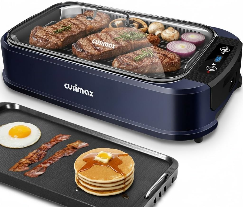 Indoor Grill. CUSIMAX Smokeless Grill Indoor. 1500W Electric Grill Griddle Korean BBQ with LED Smart Display & Tempered Glass Lid. Non-stick Removable Grill Plate & Griddle Plate. Black
