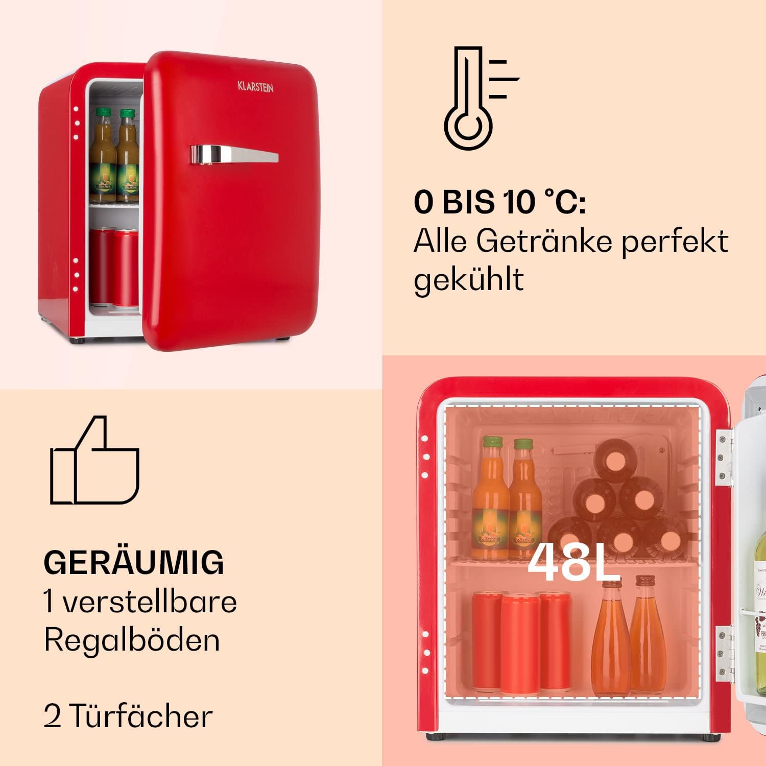 Klarstein Mini Kühlschrank für Zimmer, 48L Mini-Kühlschrank für Getränke, Snacks & Kosmetik, Kleine Minibar, Kühlschrank Klein & Leise, Kleiner Skincare Kühlschrank für Zimmer & Büro 0-10°C