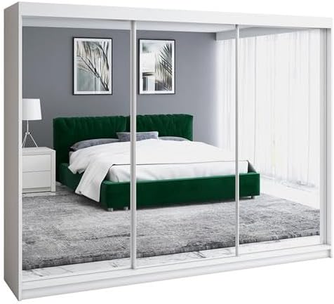 A&J MöbelLand Schwebetürenschrank ULMI Kleiderschrank 200 cm mit Spiegel und Schubladen, moderner Schlafzimmerschrank mit Schiebetüren (Weiß)