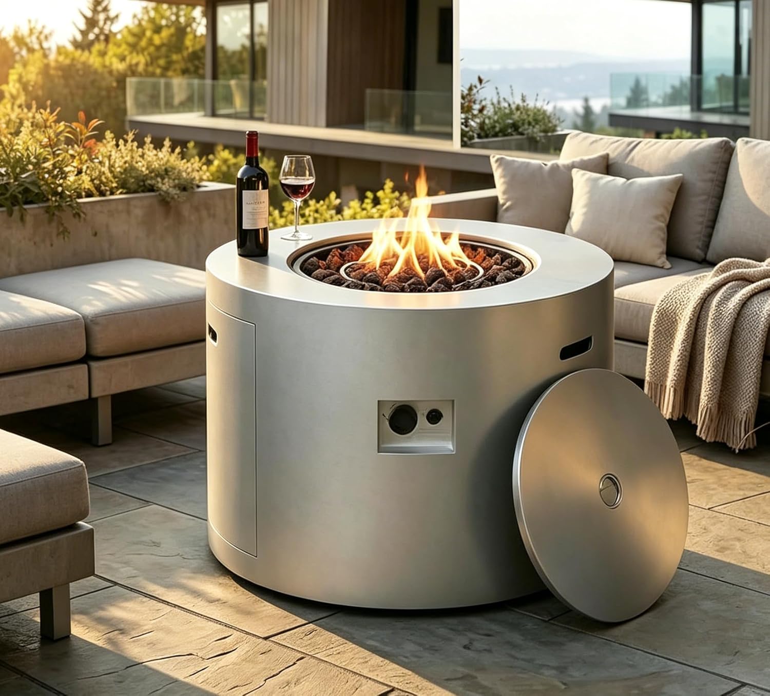 32 Inch Round Propane Fire Pit Table �C 50,000 BTU Outdoor Gas Fire Table for Patio, Deck, Backyard, CSA Certified, Alloy Steel with Waterproof Cover, Lava Rocks & Lid, Gray