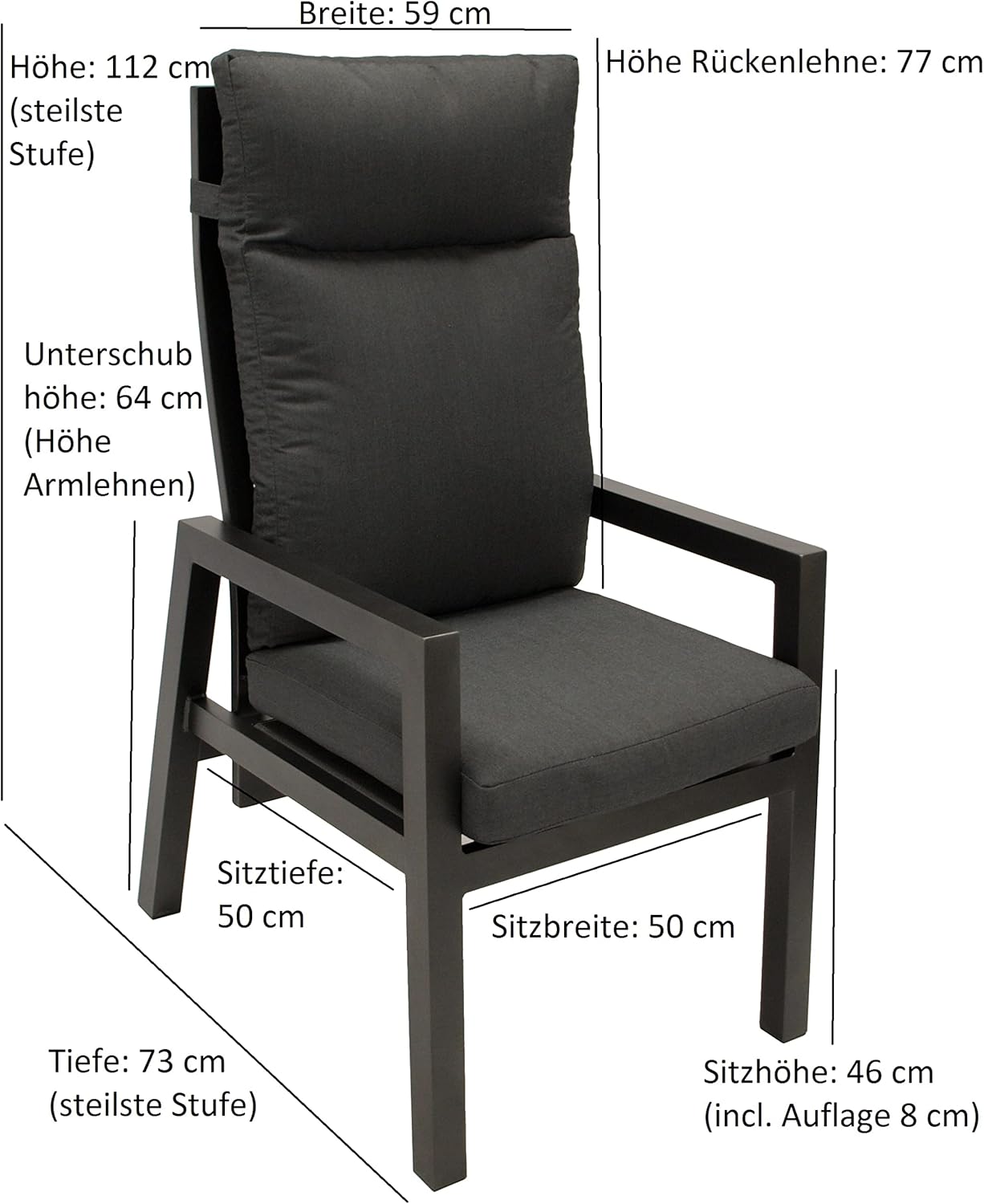 DEGAMO 2X Hochlehner Gartensessel MANCIANO, Aluminium rostfrei anthrazit, mit Polstern dunkelgrau, Rückenteil stufenlos verstellbar mit Gasfeder