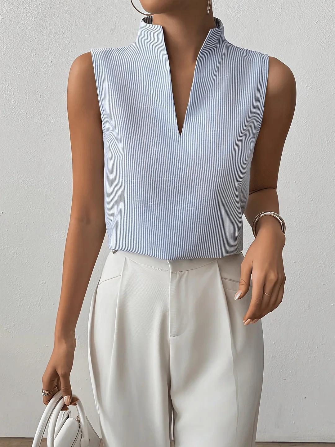 ?rmellose Bluse f��r Damen mit Streifenmuster | Elegantes Business Top mit Stehkragen und V-Ausschnitt f��r das B��ro