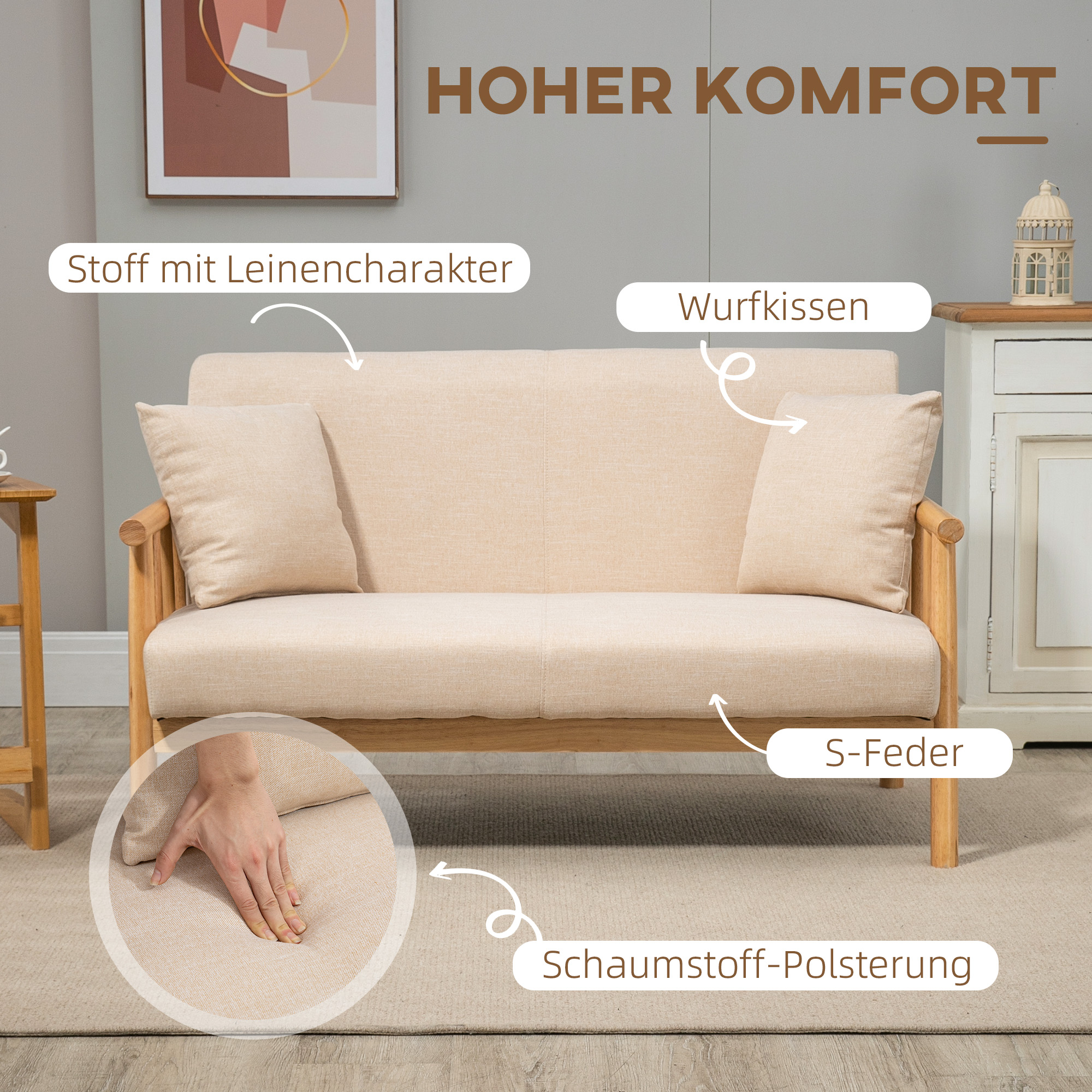 HOMCOM 2-Zitsbank, Stoffen Bekleding in Linnenlook, Compact, Tot 200 kg, Houten Frame, 123L x 69B x 74H cm, Beige