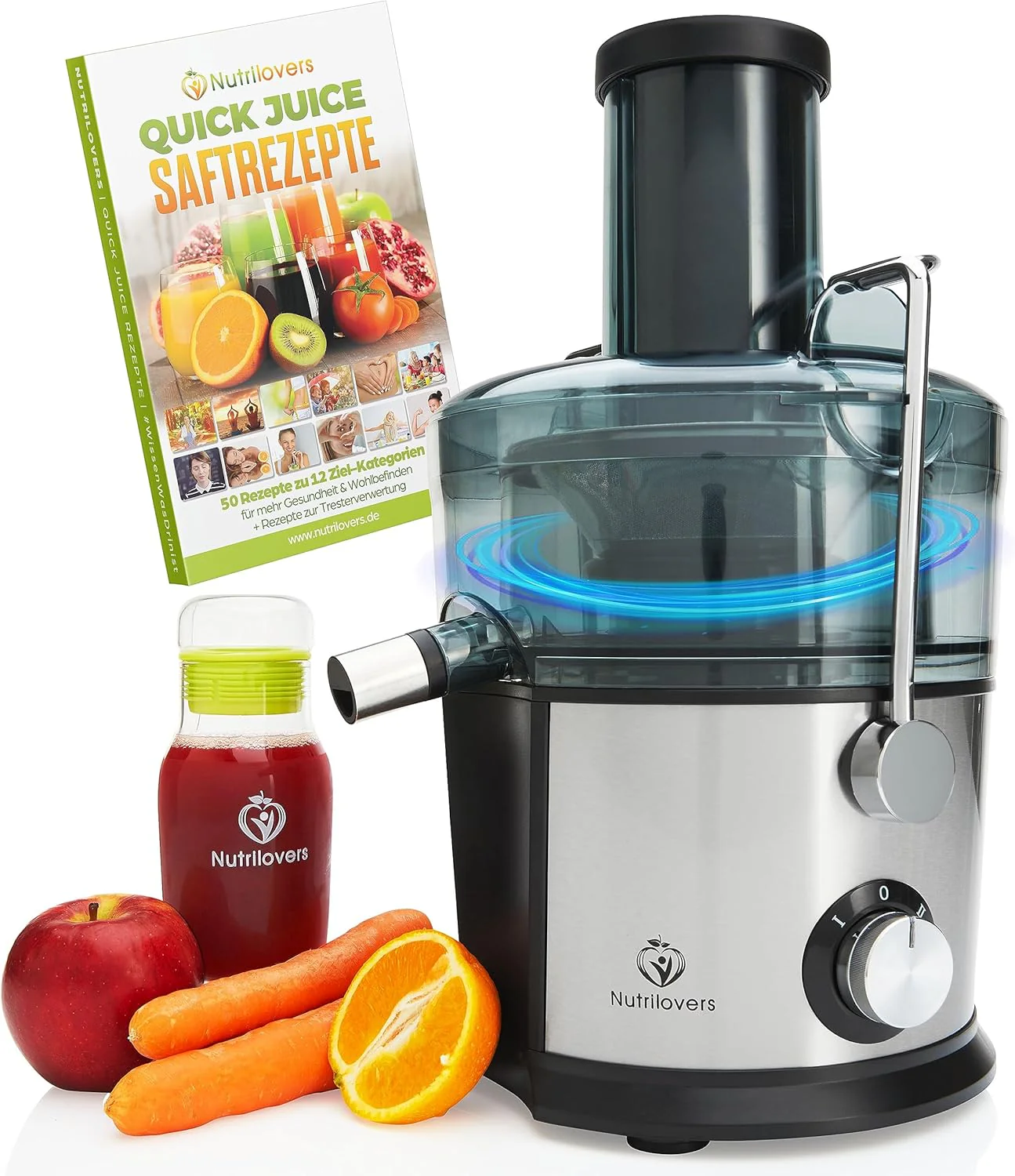Nutrilovers *Testwinnaar* QUICK-JUICER Sapcentrifuge RVS Fruit en Groenten I XXL-vulling voor hele vruchten persen, 800W, 2 snelheden, BPA-vrij incl. drinkfles + receptenboek & app
