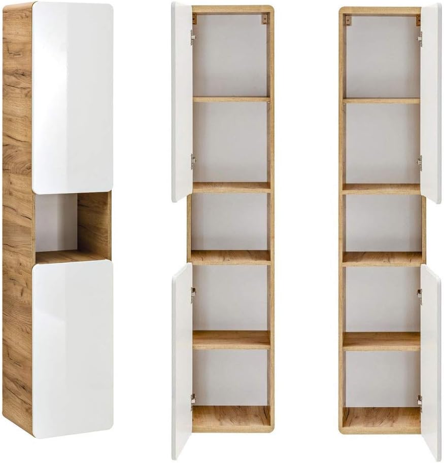 Lomadox Badmöbel Set, Hochglanz weiß mit Wotan Eiche Nb., 80 cm Waschtisch-Unterschrank mit Keramik-Waschbecken, 50 cm LED-Spiegel, Hochschrank & 3 Hängeschränke
