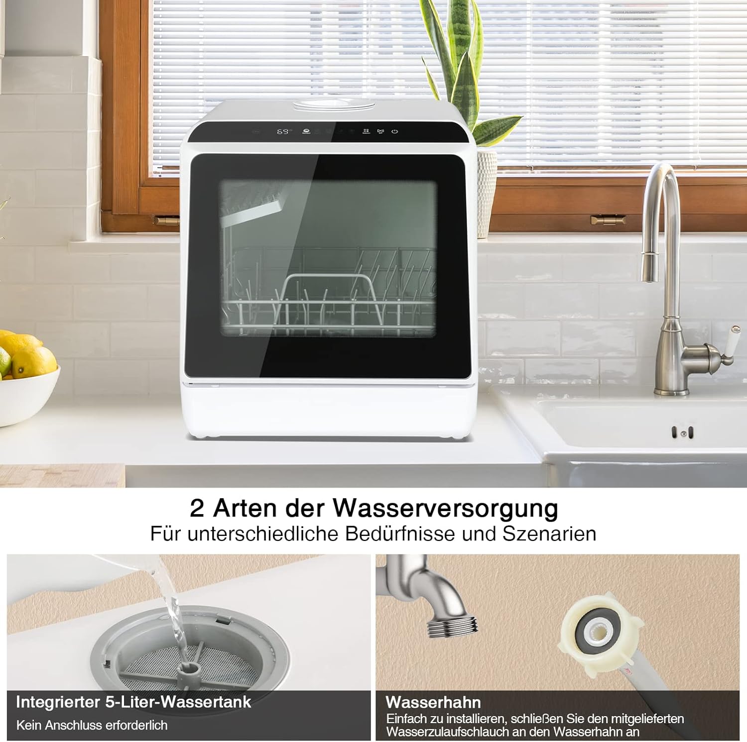 Fullwatt Mini Geschirrspüler für 3 Gedecke Freistehender Tischgeschirrspüler, mit/ohne Wasseranschluss nutzbar, ragbarer Geschirrspüler mit 5+1 Programme Integriertem 5 Liter Wassertank Touch Control
