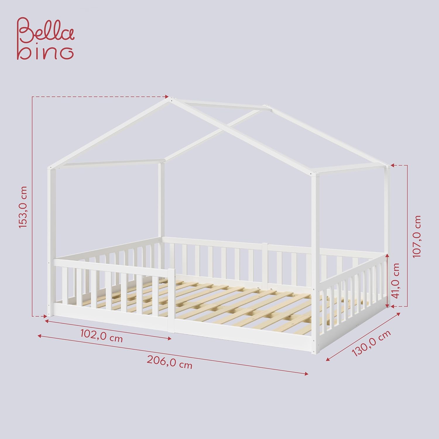 Bellabino Kinderbett Bia 140x200 cm, Hausbett Kinder inkl. Rausfallschutz und Rolllattenrost, Montessori Bodenbett weiß aus Massivholz Kiefer