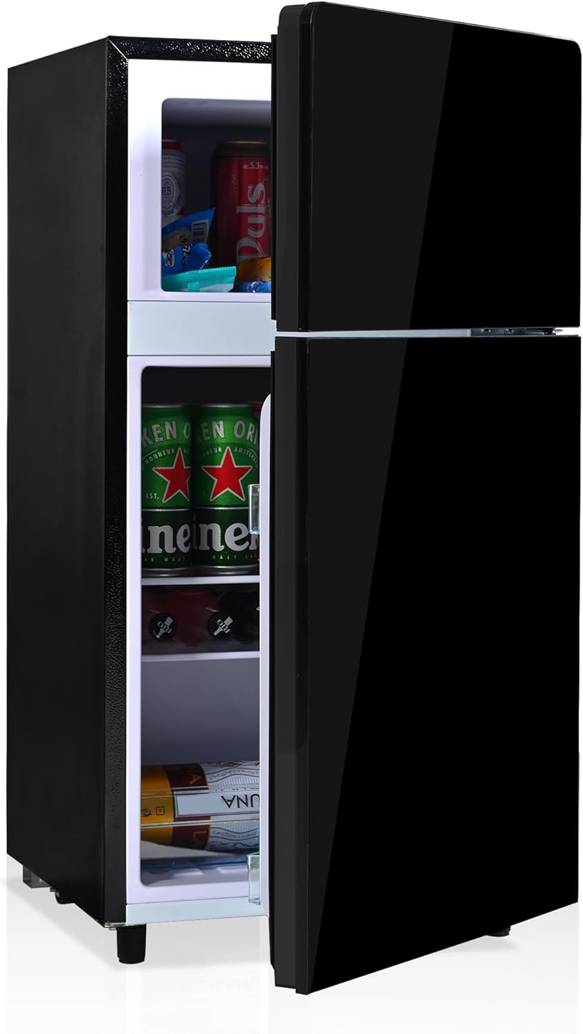 Merax Kühlschrank mit Gefrierfach, Kühl-Gefrierkombination, klein Kühlschrank mit 51L und Gefrierschrank 21L, Leise, LED, Glasablagen, Gemüsefach, Türablagen, für Küche, Wohnzimmer, Büro, Schwarz