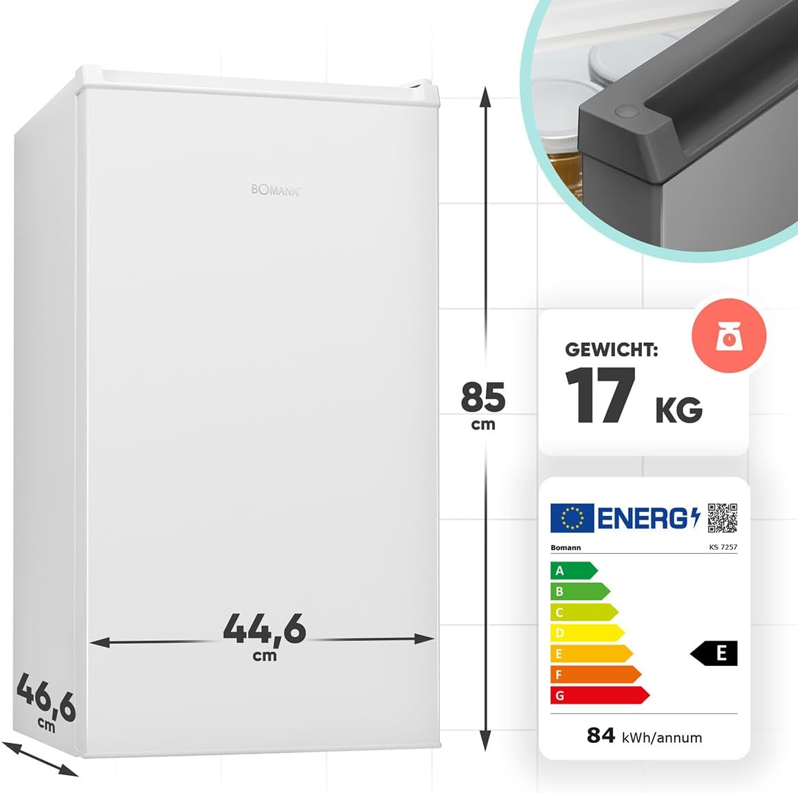 Bomann® Kühlschrank mit Frostfach | 83 Liter | energieeffizient, leise & kompakt | 0°C - 8°C, stufenlos regelbar | 2 Ablagen & Gemüsefach | LED Beleuchtung | Türanschlag wechselbar | KS 7257 weiß