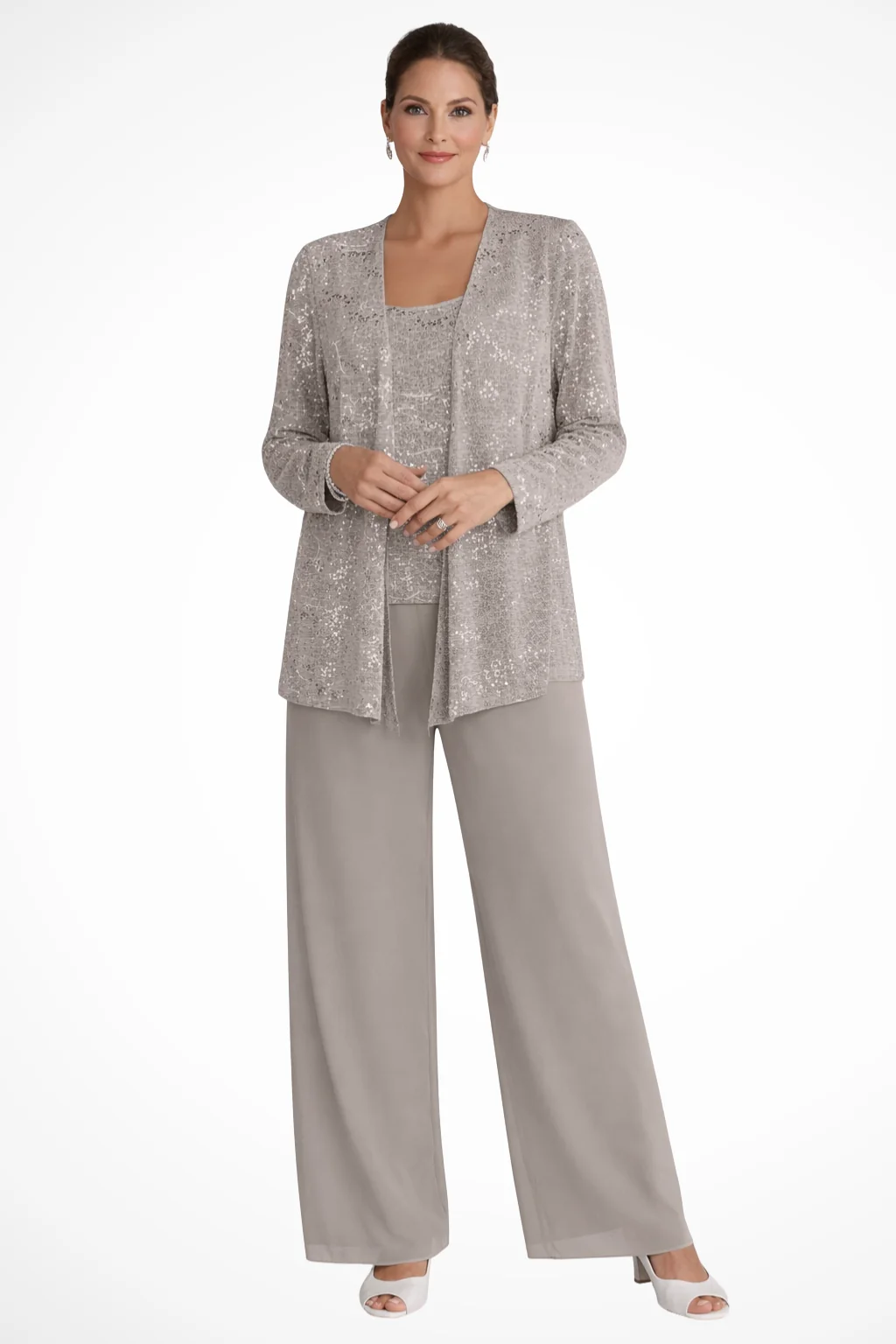 Damen Hosenanzug 3-teilig festlich | Set mit Pailletten-Spitzenjacke und weiter Hose | Elegantes Outfit f��r Hochzeitsg?ste