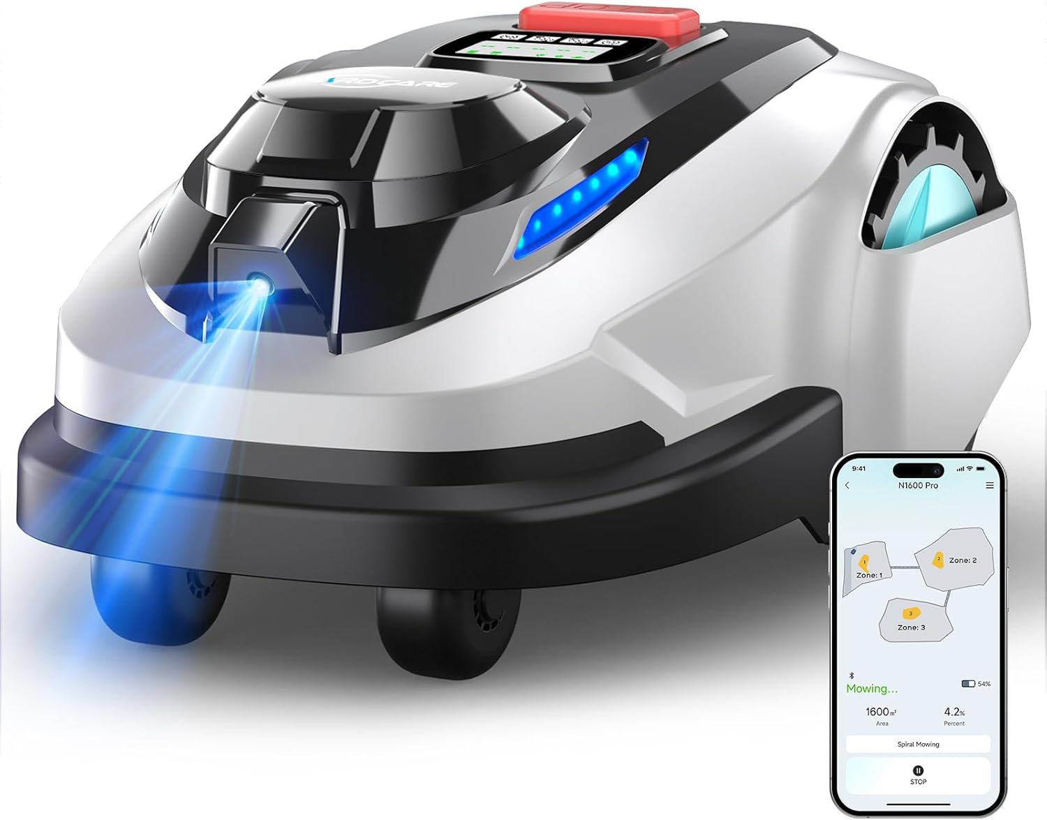 YARDCARE N1600Pro Mähroboter ohne Begrenzungskabel mit RTK- & KI-Vision-Navigation für Gärten bis 1600 m², U-förmiges Mähmuster & Multizonen-Management Hindernisvermeidung, App-Höhenverstellung