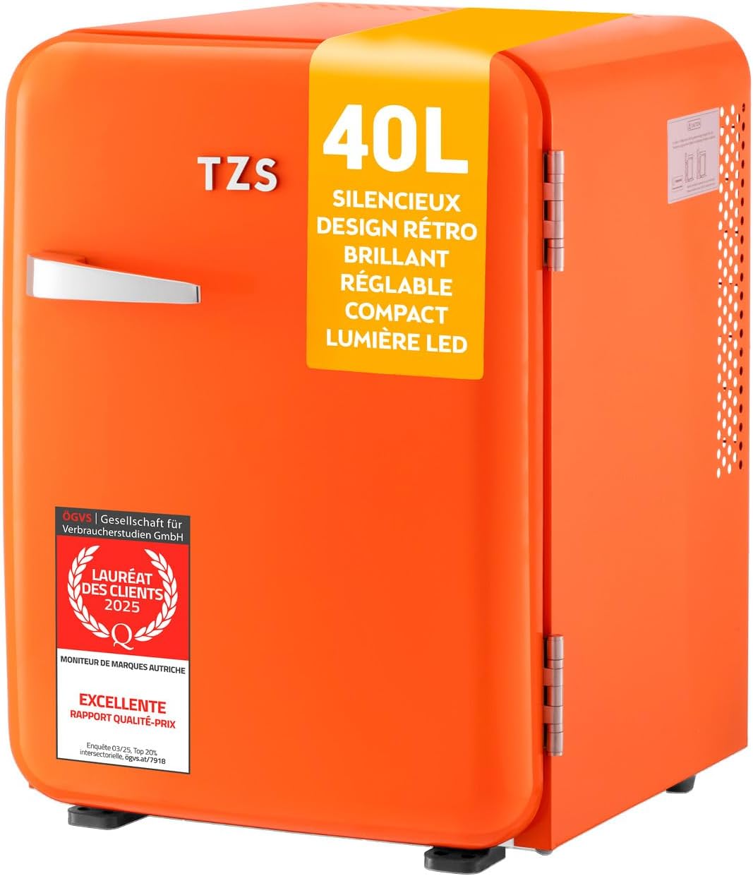 TZS First Austria - Mini Réfrigérateur Rétro 40L silencieux - Petit Minifrigo design vintage avec lumière intérieure et 2 compartiments de porte - Minibar pour camping, bureau, chambre & hôtel - oran