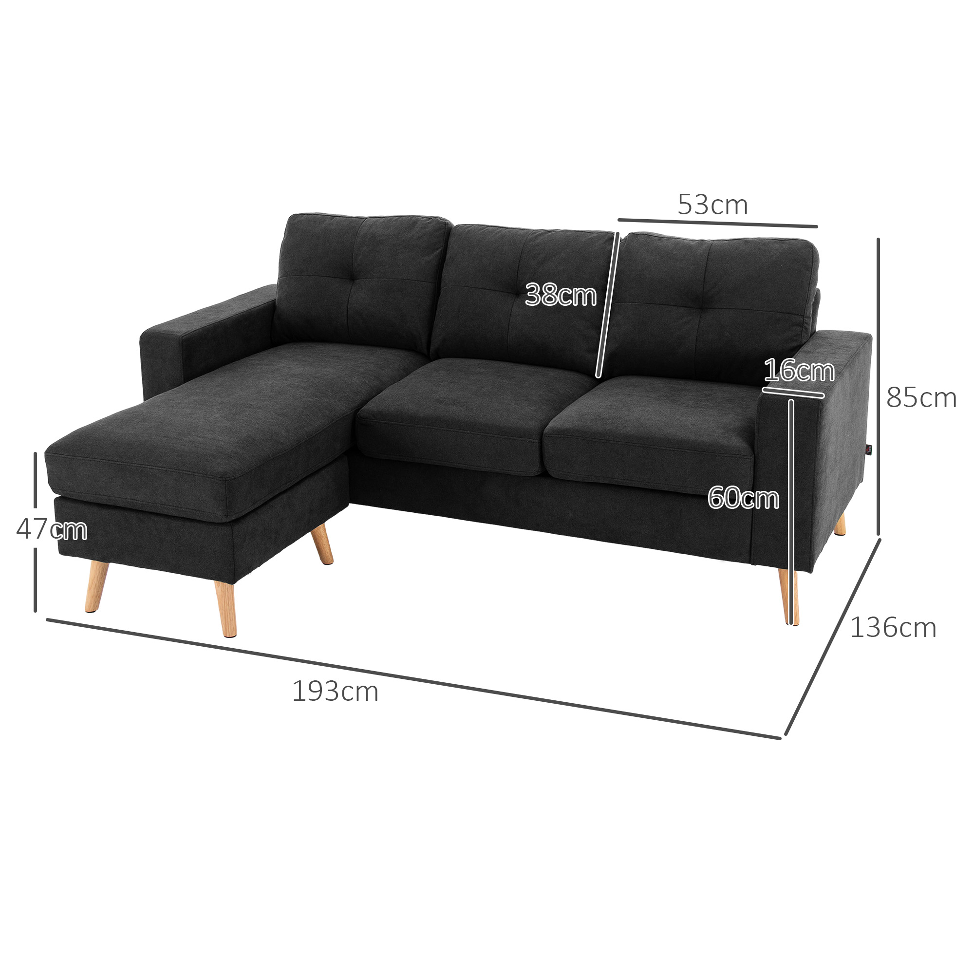 3-zits hoekbank, linnenlook, omkeerbare chaise longue, 193x136x85 cm, zwart