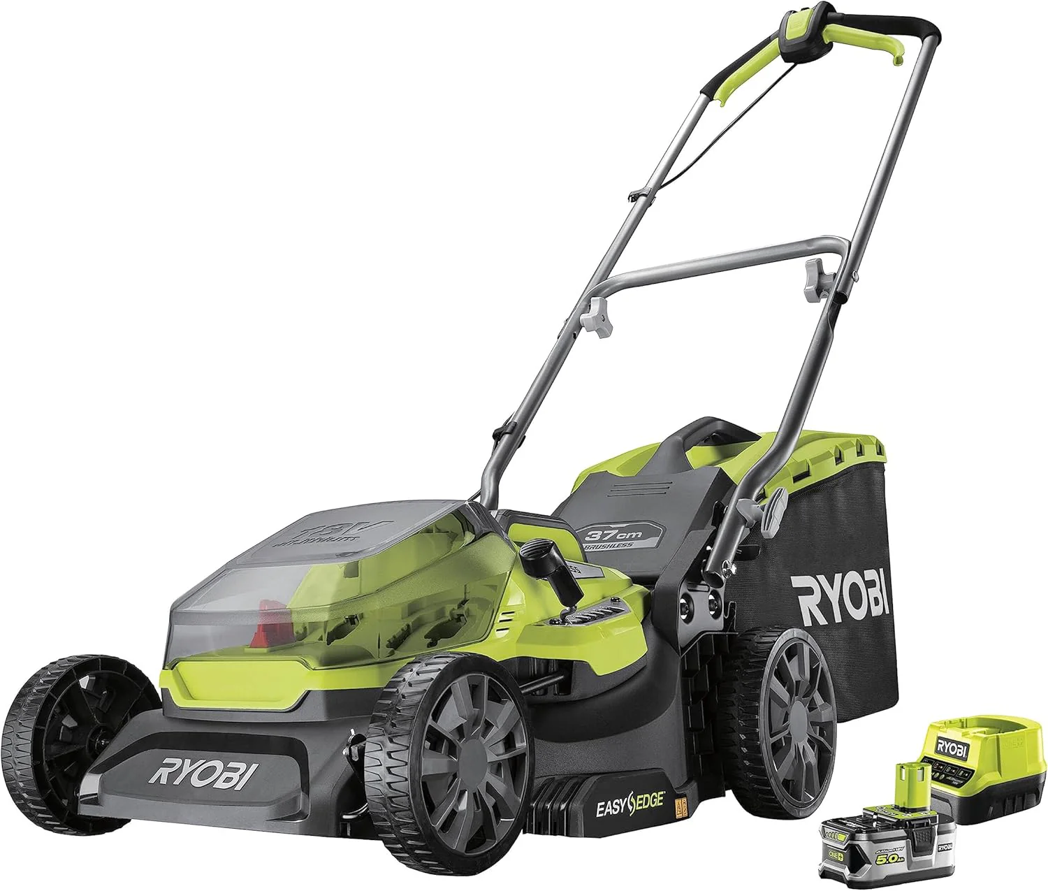 RYOBI 18 V ONE+ Accu-grasmaaier RLM18X33B40 (snijbreedte 33 cm, 5-voudige hoogteverstelling 25-65 mm, inklapbare duwbeugel, incl. mulchplug, 35l grasvangzak, 4,0Ah accu & lader)