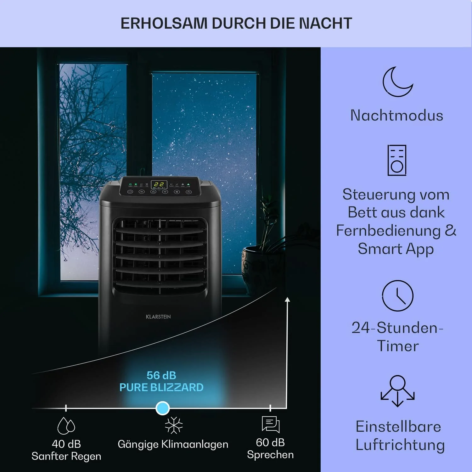 Klarstein Airconditioner, 4-in-1 Airconditioningsysteem, Luchtontvochtiger, Ventilator & Nachtmodus, Mobiele airconditioner met afvoerslang, App-bediening, Airconditioner voor ruimtes tot 44 m2, 9000 BTU, Wit