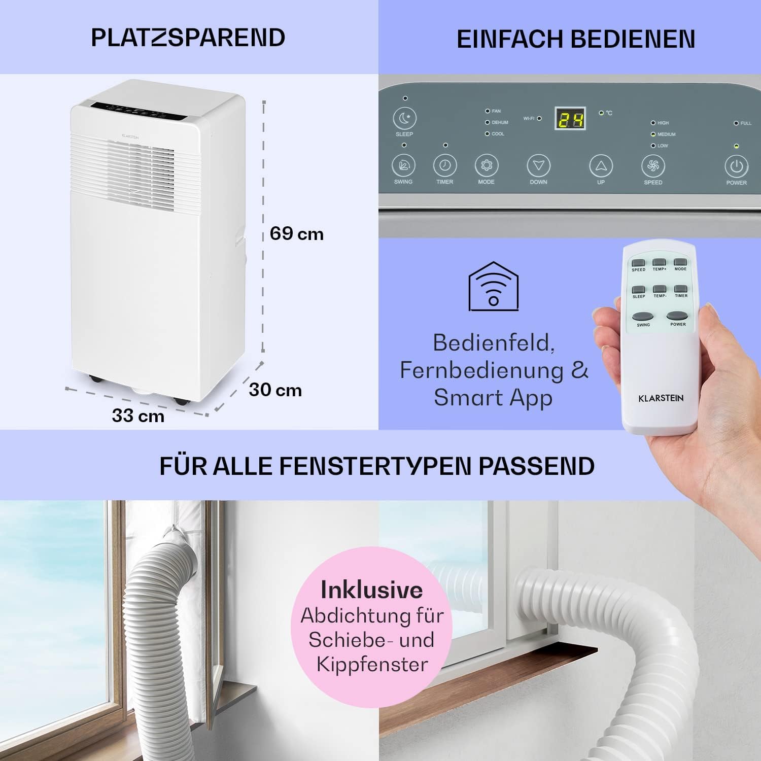 Klarstein Mobile Klimaanlage mit Abluftschlauch, 3-in-1 Klimagerät mit Ventilator, Luftentfeuchter & Nachtmodus, Kleine & Portable Klimaanlage für Wohnung & Büro, 12000 BTU Niedrig Verbrauch