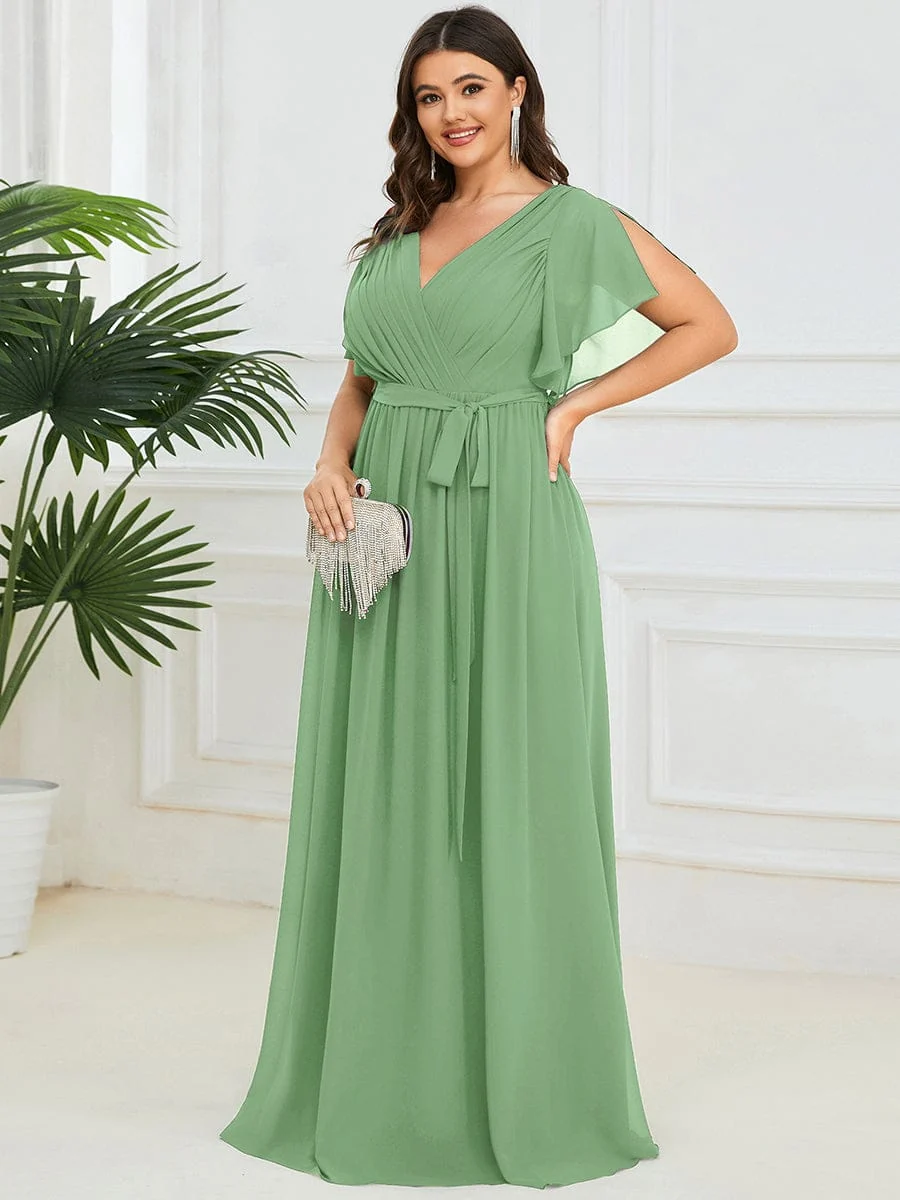 Abendkleid Damen Maxi A-Linie aus Chiffon | Festliches Kleid f��r Hochzeitsg?ste mit V-Ausschnitt und Fl��gel?rmeln
