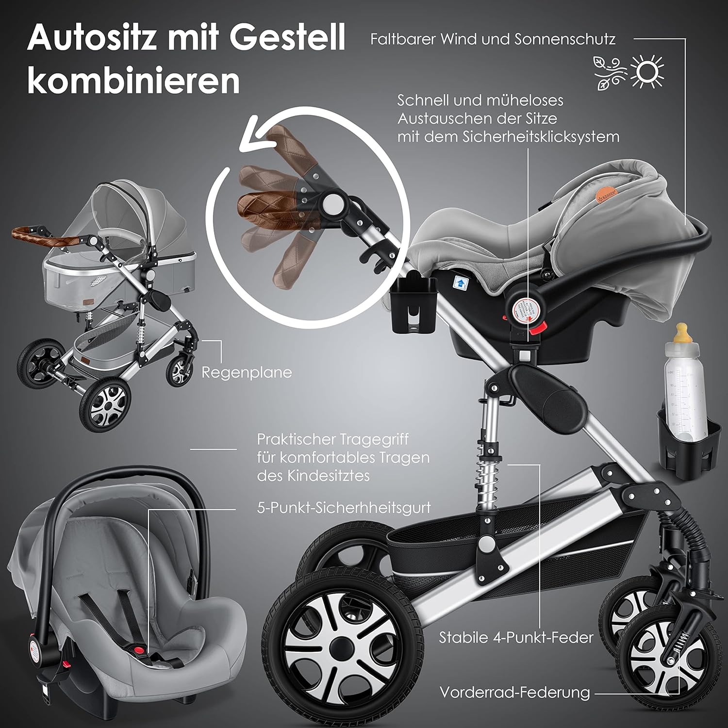 KESSER® Loops 3 in 1 Kinderwagen Kombikinderwagen Komplett-Set inkl. Babywanne & Buggy Sportsitz & Auto-Babyschale Voll-Gummireifen Wickeltasche Regenschutz Kindertisch ECE R129, Schwarz/Champagne