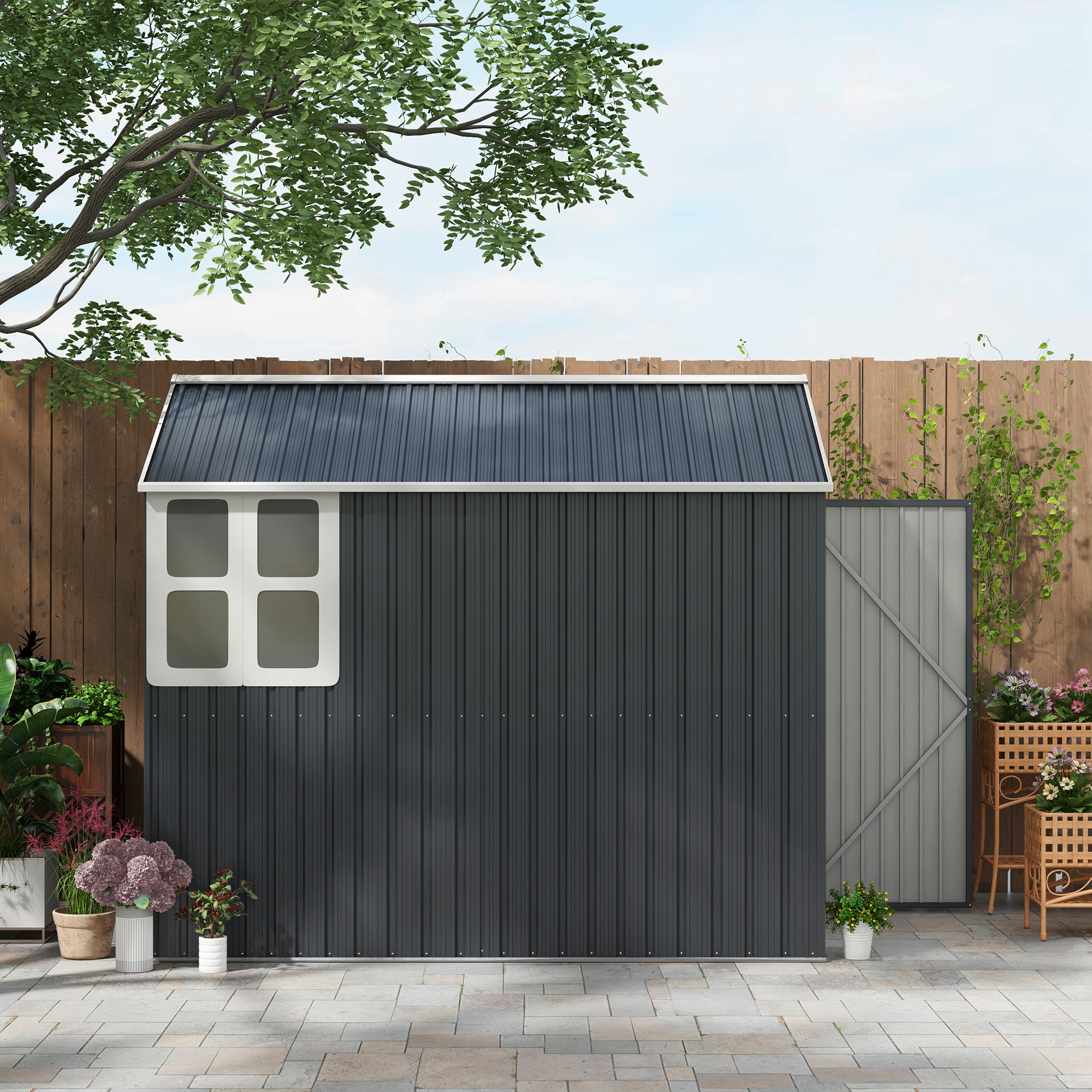 Outsunny Tuinhuis, metalen opbergschuur, dubbele deur, raam, 259x172x222 cm, grijs/wit