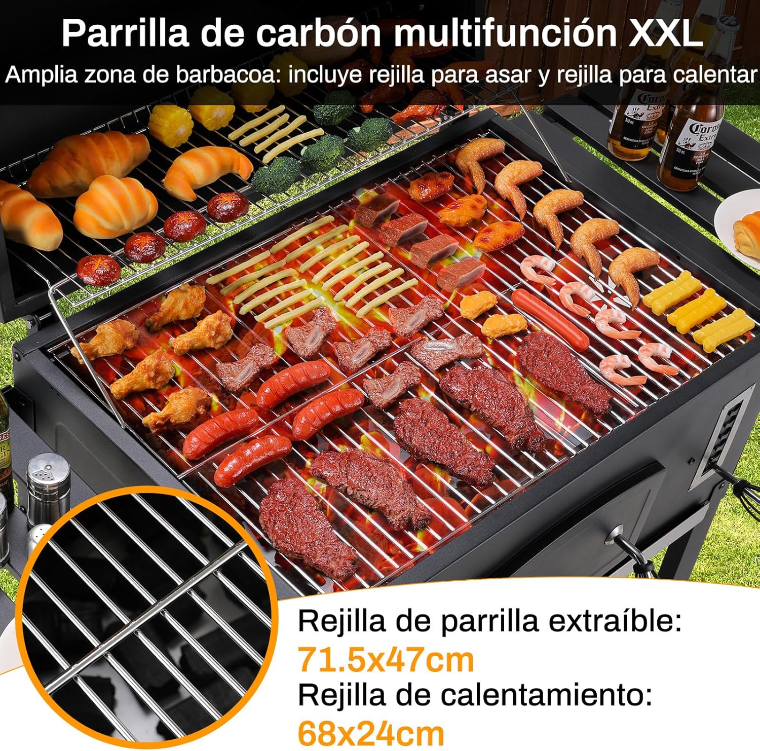 Barbacoa de Carbon XXL, Parrilla de Carbón con Chimenea y Tapa, Parrilla con Carrito BBQ Smoker con Ruedas y Termómetro, Grande BBQ Carbon para Camping y Jardín