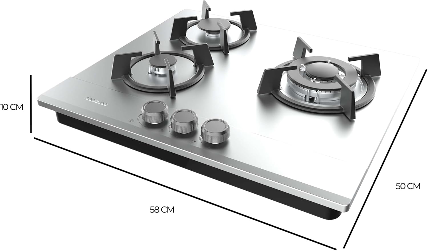 Cecotec Bolero Squad G 3200S Stainless Steel Butane and Natural Gas Plate 3 Fires 6250W, Cast Iron Individual Grills, WOK Triple Crown Burner, Electric Ignition, Security System