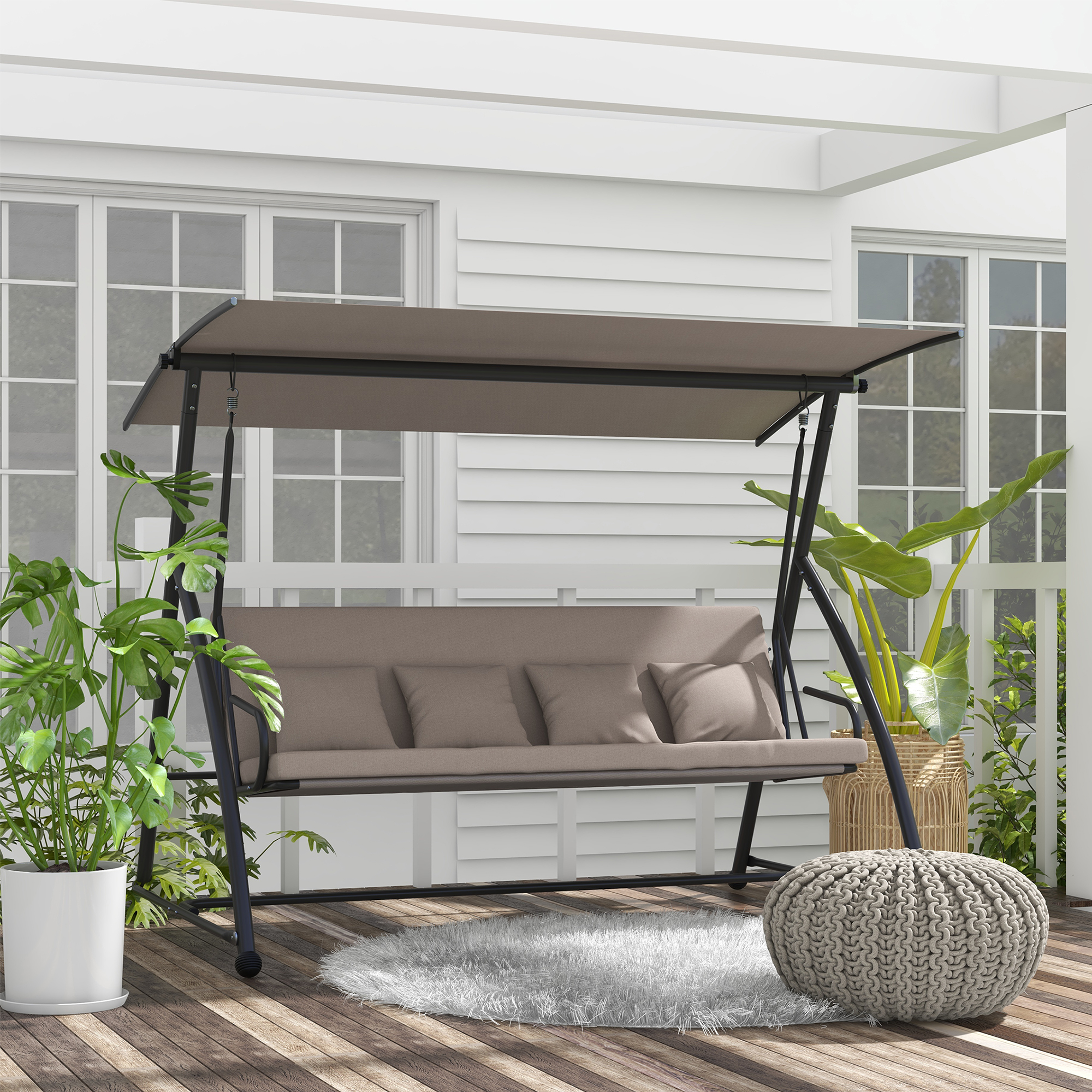 2-in-1 Hollywood schommel met Ligfunctie, 3-zits Tuinschommel van Staal 170x110x153cm, Lichtbruin