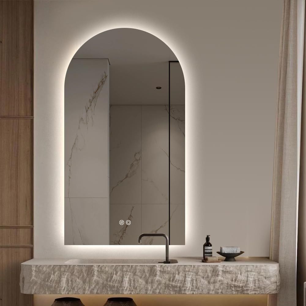 90cm x 50cm Arched Frameless LED Bathroom Mirror with Backlit, Dimmable, Anti-Fog Features