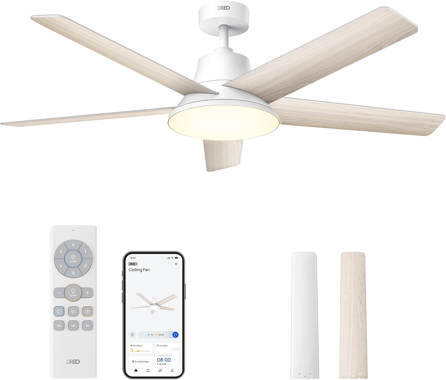 DREO Smart Deckenventilator mit Licht, 132 cm, 12 Geschwindigkeiten, 3 Modi, stufenlos dimmbares LED-Beleuchtung, leiser DC-Motor, 12H-Timer, Fernbedienung/APP/Alexa, für Innenräume, Weiß