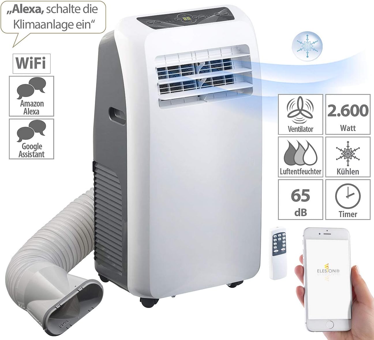 Sichler Haushaltsgeräte Klimaanlage Alexa: Mobile Klimaanlage, 9.000 BTU/h, 2.600 Watt, WLAN & App-Steuerung (Klimagerät Alexa, kompatibel, Raumentfeuchter)
