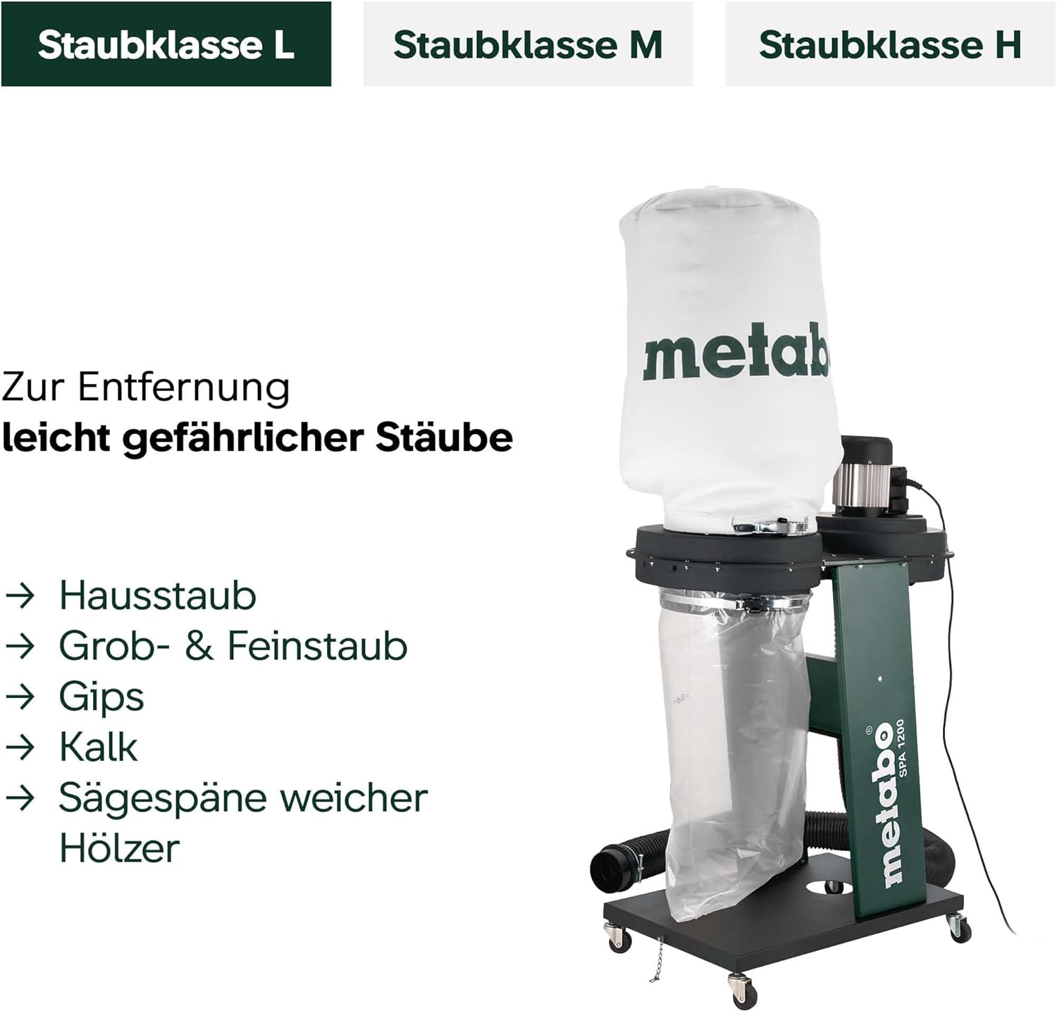 metabo Späneabsauganlage SPA 1200-550 W, 65 L Spänesack, 100 mm Schlauchanschluss - Staubklasse L, Kippsicher, Integrierte Erdung, Mobil auf Rollen - Ideal für Holzbearbeitungsmaschinen