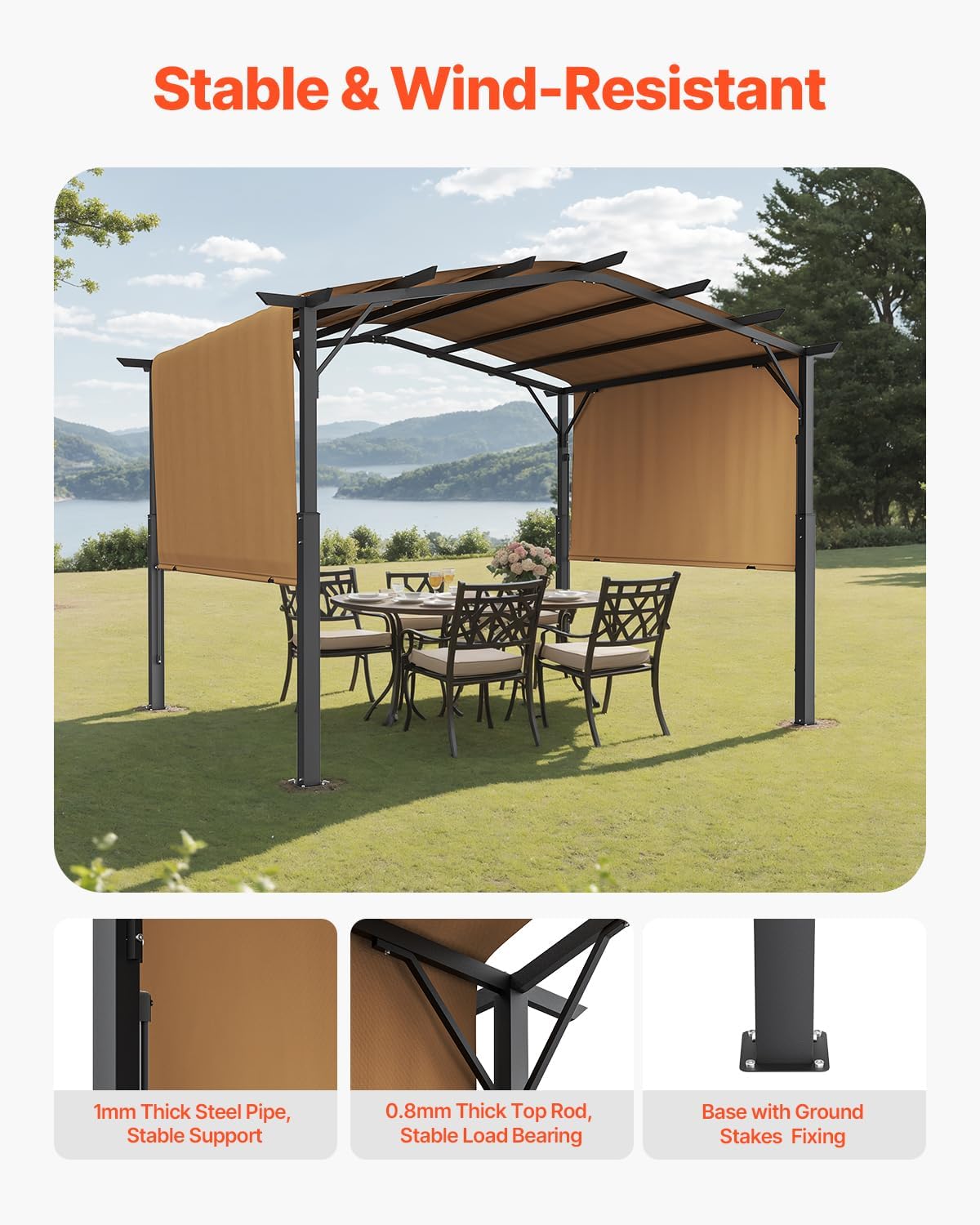 VEVOR Pergola 3x3 m, Gartenpavillon mit gewölbter Oberseite, Überdachung mit Schiebedach, großer Terrassenpavillon, Partyzelt, robuste Gartenpergola für Terrasse, Hinterhof, Veranda, Pool
