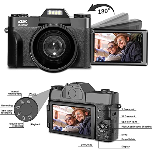 CCN Fotocamera Digitale 4K 48MP, Fotocamera con schermo 3.0" ribaltabile a 180°, fotocamera compatta con zoom digitale 16X, obiettivo grandangolare e obiettivo macro, scheda TF da 64GB, WiFi, nero : Elettronica