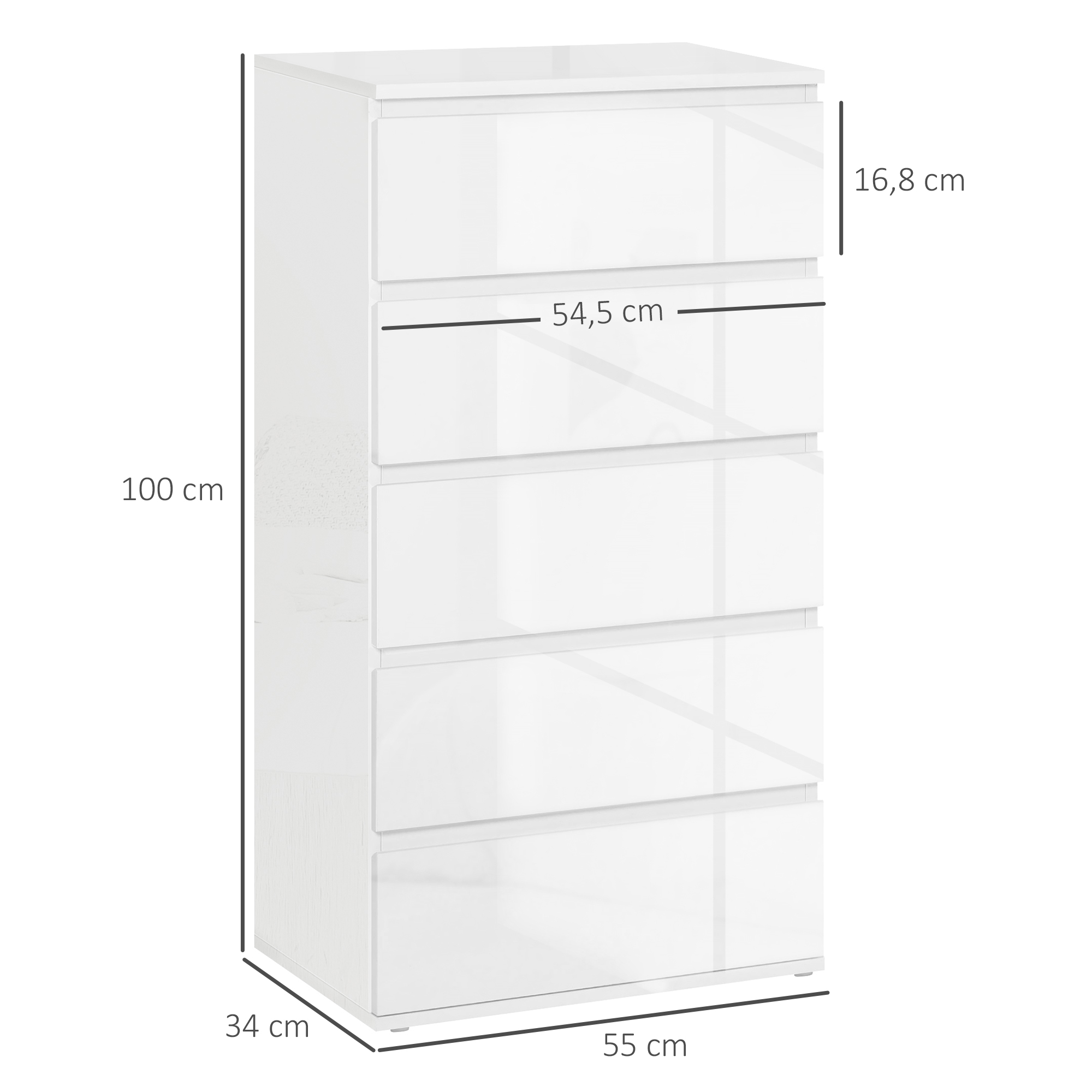 Ladekast Sideboard met 5 Laden, 55 cm x 34 cm x 100 cm, Wit