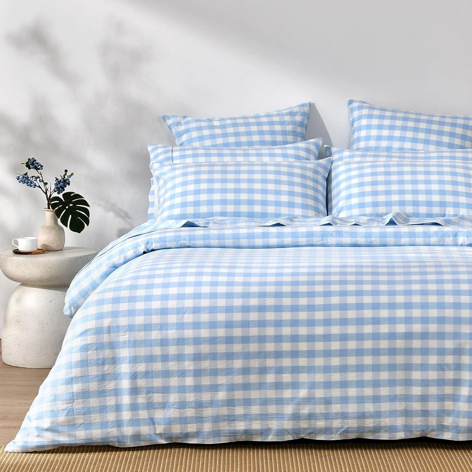 Dreamaker Queen Duvet Cover Set, Sky Blue Checkered Cotton, Ultra Soft & Breathable, Oeko-TEX Certified