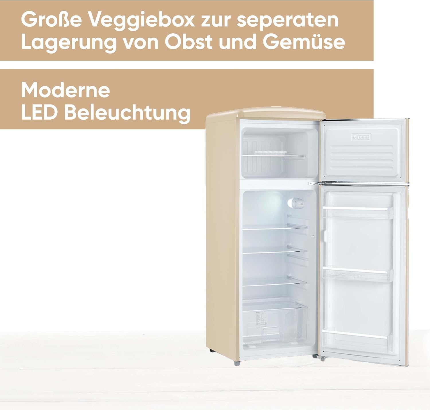 SEVERIN Retro - Kühl-/ Gefrierkombination, platzsparendes Raumwunder, 4 x höhenverstellbare Abstellflächen und eine große Veggiebox, 206 L Nutzinhalt, creme, RKG 8933