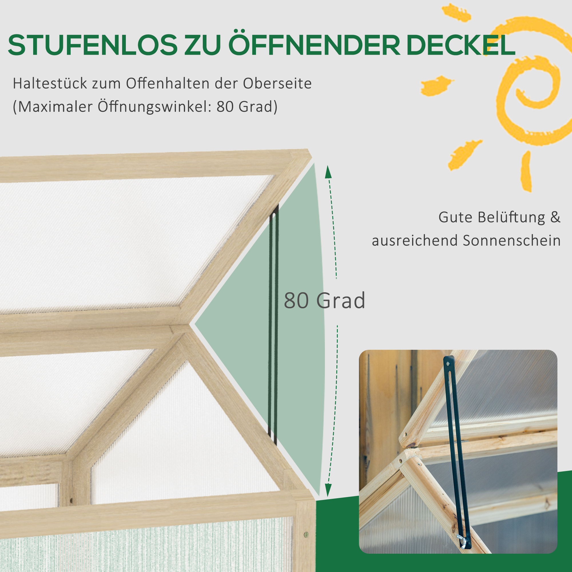 Outsunny Mini-broeikas, Compacte plantenkas van hout, Polycarbonaat platen, Ventilatieopening, 90L x 52B x 49,5H cm, Natuur
