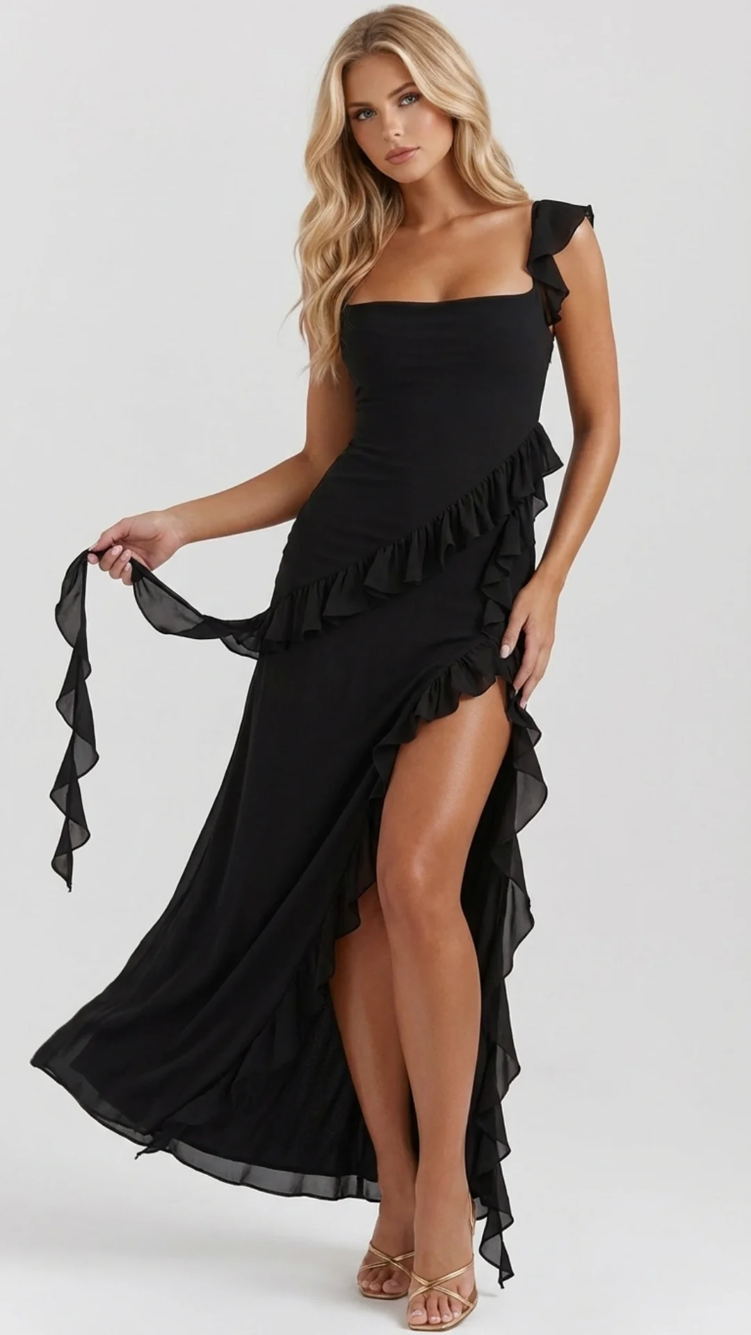 Maxikleid mit Volants und Beinschlitz | ?rmelloses Abendkleid mit quadratischem Ausschnitt | Luftiges Sommerkleid f��r