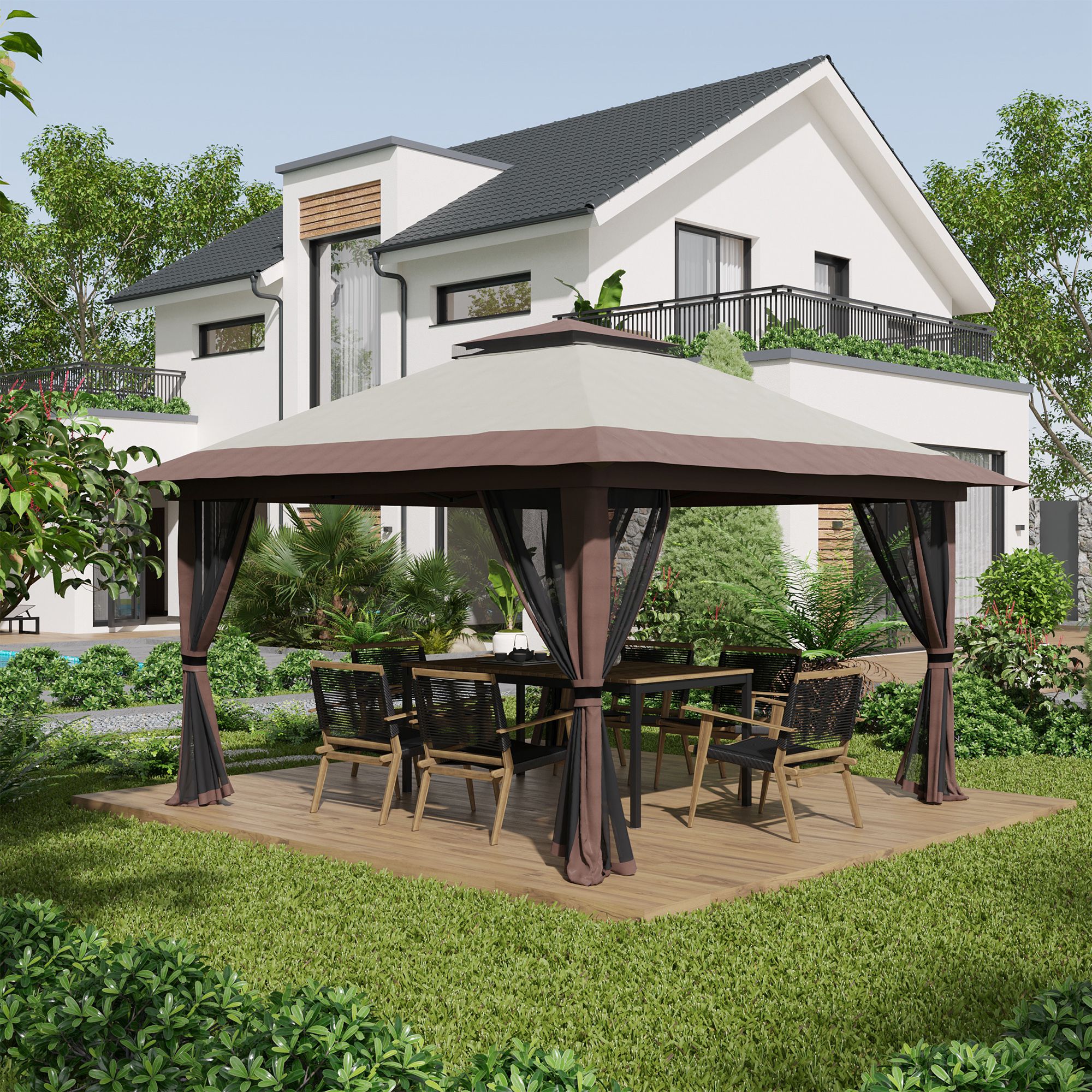 Tuinpaviljoen 4x4x3m, Beige, Met Ventilatiedak en Verstelbare Hoogte