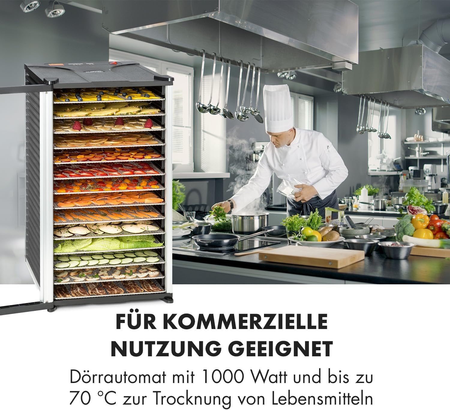 Klarstein Fruit Jerky 14 - Dörrgerät, Obst-/Fleisch- und Früchte-Trockner mit 1,8 m² Trockenfläche und 14 Etagen, 1000 Watt Leistung, stufenlos bis 70 °C einstellbar, Timer, stabiles Gehäuse, schwarz