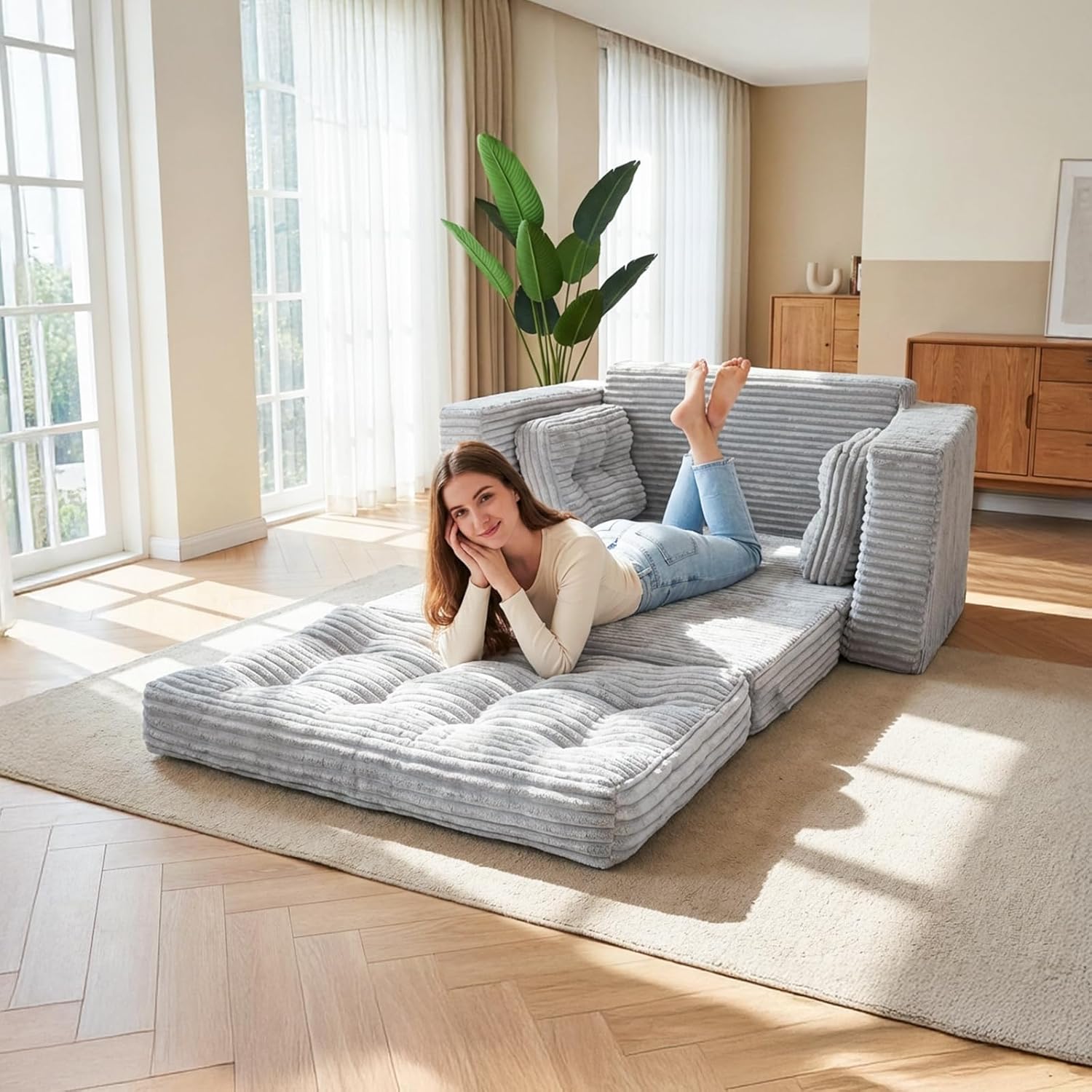 Bodensofa Schlafsofa Bed mit Pillow Back Support Armrest 140 cm Breit Klappbar Sofa 2-in-1 Design für Wohnzimmer, Schlafzimmer und Gästezimmer Grau