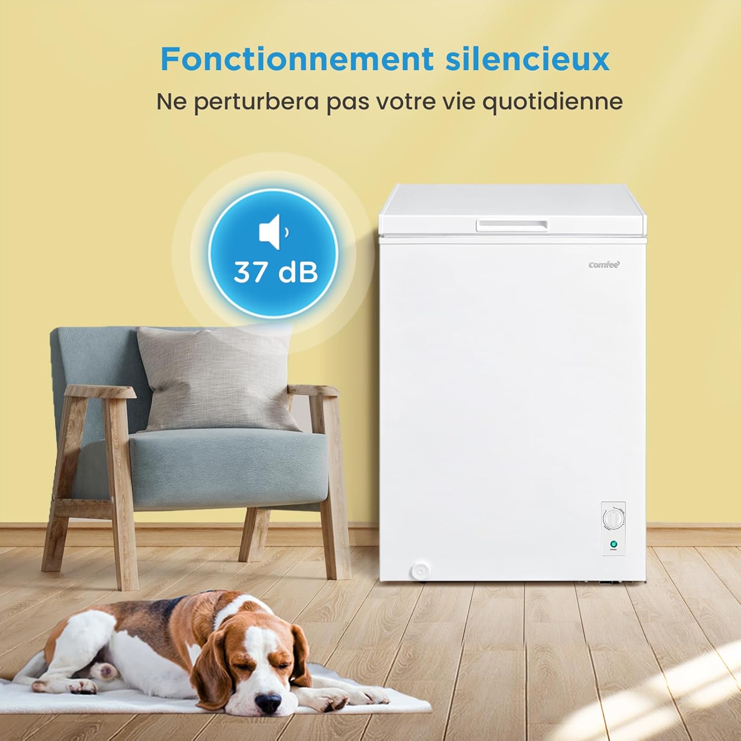 COMFEE' RCC146WH2EU(E) Congélateur coffre autonome 143L convertible congélateur/réfrigérateur, compresseur inverter, 4 étoiles, adapté aux dépendances, garages et abris, blanc [Classe énergétique E]