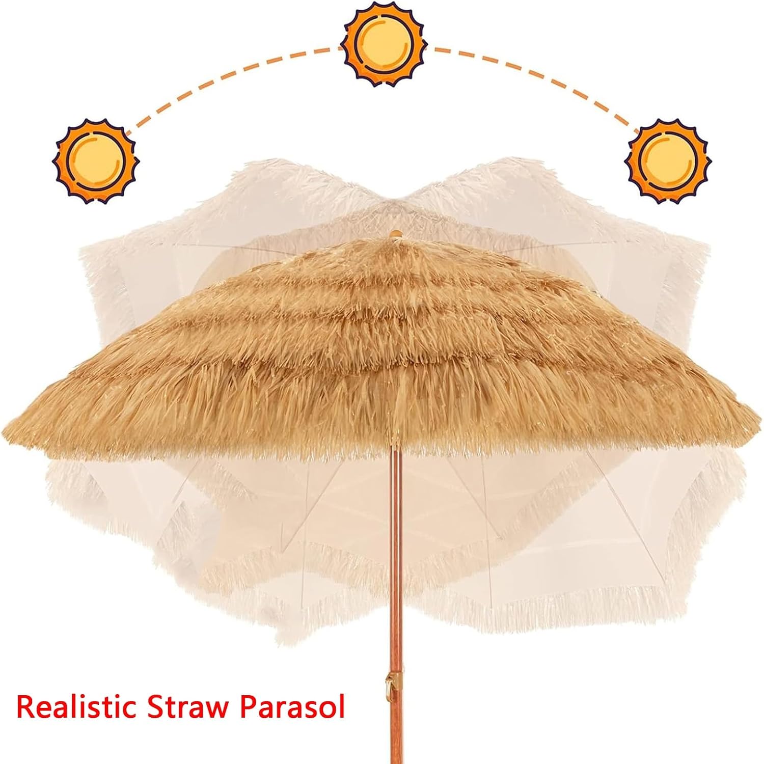 Tragbarer Tropischer Strohschirm, Großer Runder Sonnenschirm for Den Außenbereich, Höhenverstellbar, for Garten, Pool, Hinterhof, Strand, Camping(1.5m/4.9ft)