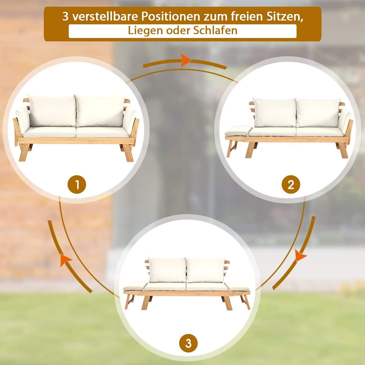 COSTWAY Gartenbank mit Liegefunktion, Gartensofa mit Auflagen und klappbaren Armlehne, Balkonbank aus Akazienholz, Balkonsofa, Gartencouch für Garten, Terrasse, Balkon, 198 x 75 x 75 cm (Beige)