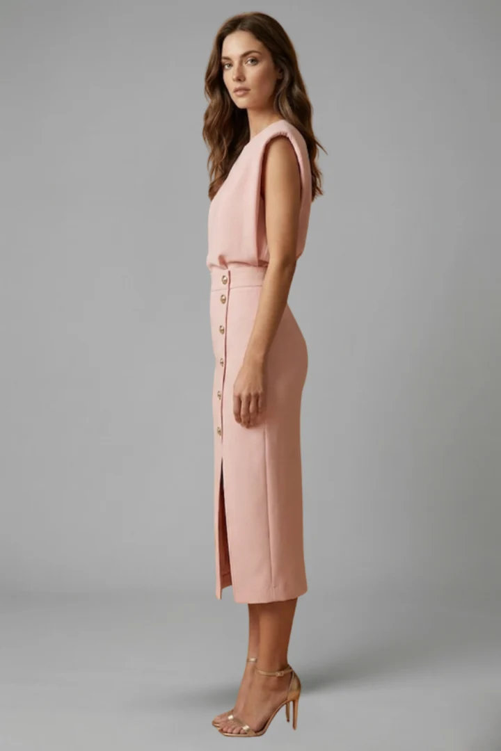 Damen Midikleid mit Rundhalsausschnitt und seitlichem Schlitz | ?rmelloses Kleid mit Knopfleiste und tailliertem Schnitt