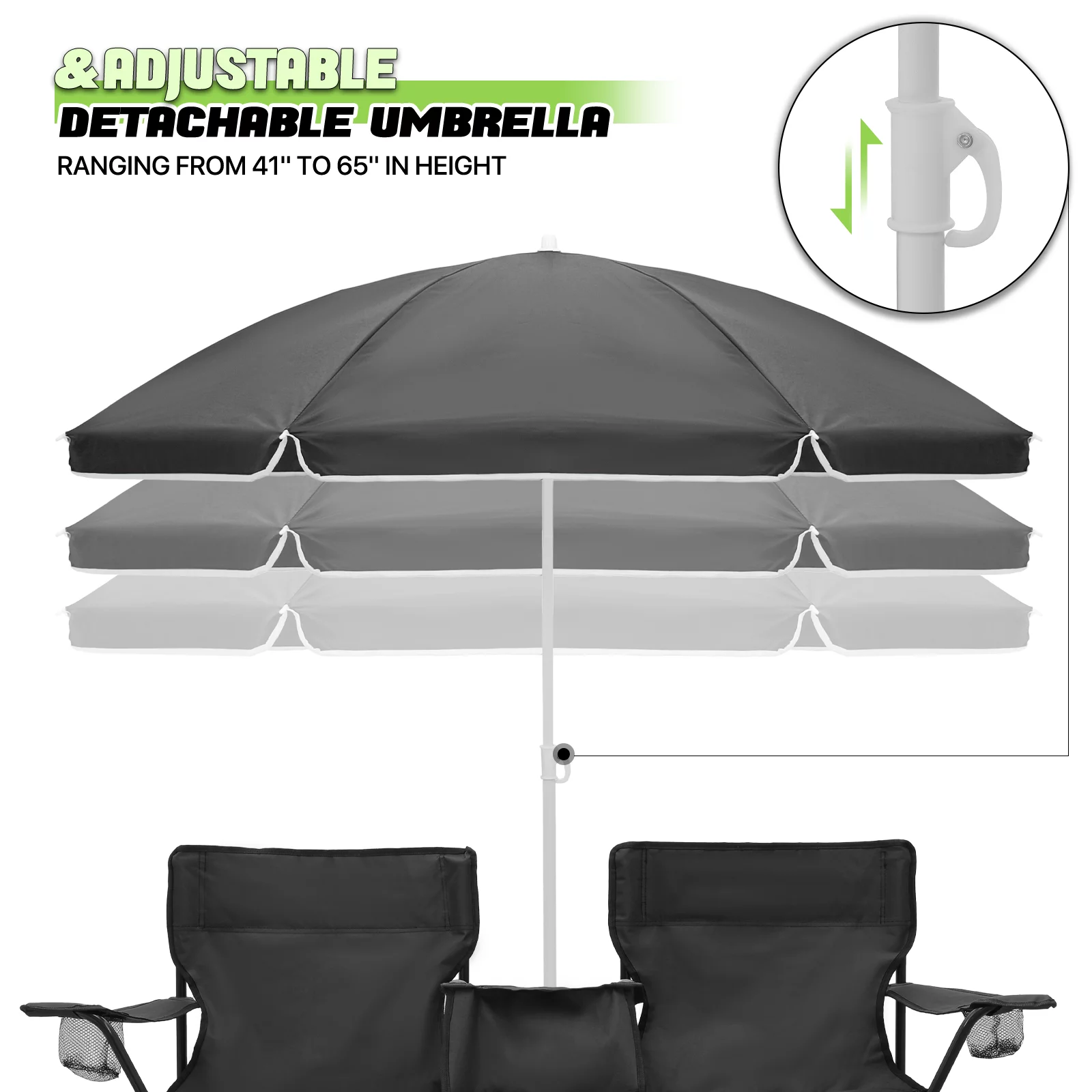 2025 Magshion Dubbele Opvouwbare Stoel met Verwijderbare Parasol, Koeltas en Draagtas �C Zwart